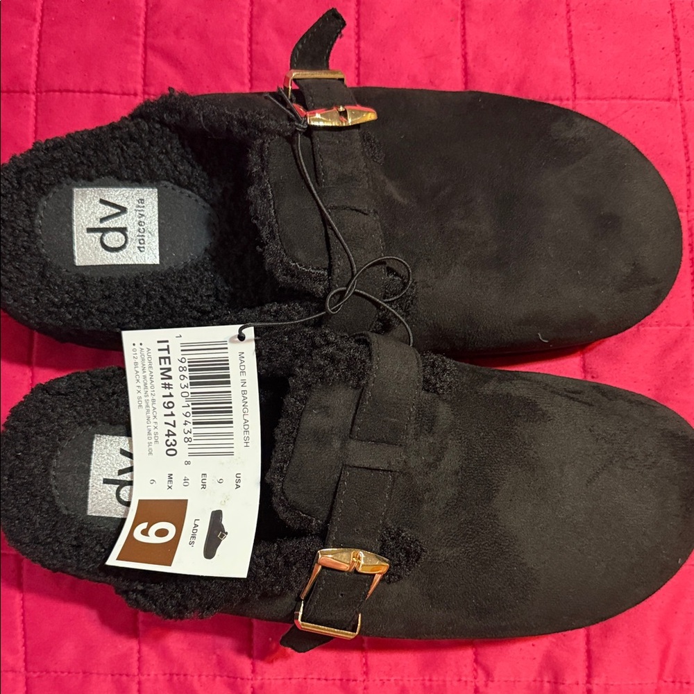 Black Suede Slip-On Clogs with Gold Buckle